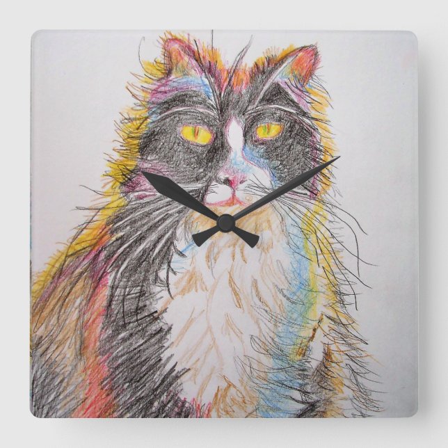 Tuxedo Cat Drawing illustration Art Wall Clock Quadratische Wanduhr (Vorderseite)