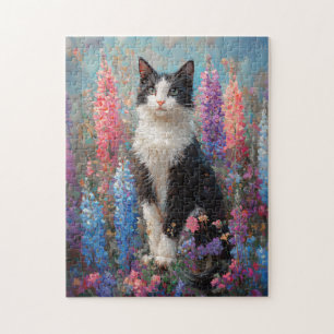 Tuxedo Cat Farbige Lupine Blume Malerei