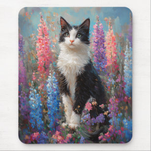 Tuxedo Cat Farbige Lupine Blume Malerei Mousepad