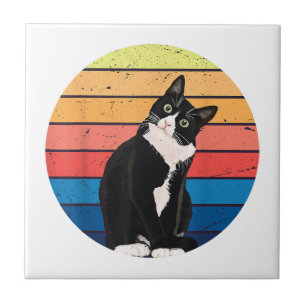 Tuxedo Cat Geschenk Retro Farben für Tierfreunde Fliese