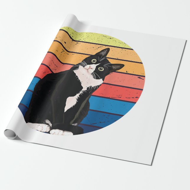 Tuxedo Cat Geschenk Retro Farben für Tierfreunde Geschenkpapier (Ungerollt)