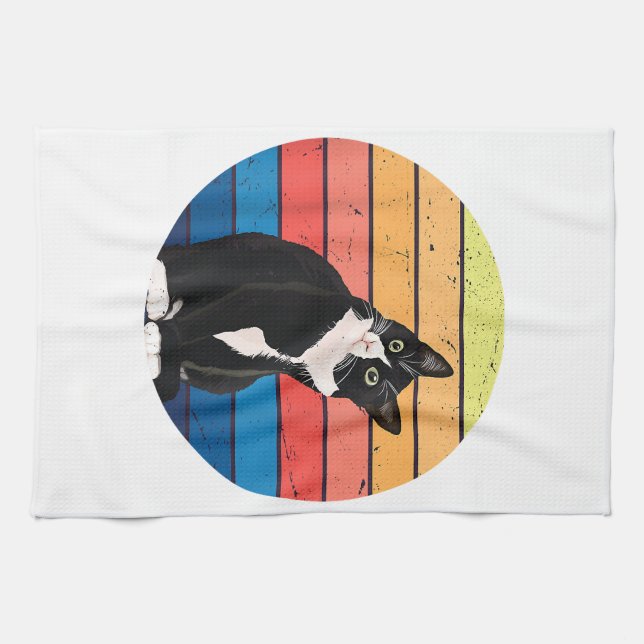 Tuxedo Cat Geschenk Retro Farben für Tierfreunde Geschirrtuch (Horizontal)