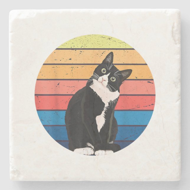 Tuxedo Cat Geschenk Retro Farben für Tierfreunde Steinuntersetzer (Vorderseite)