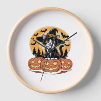 Tuxedo Cat Halloween Hexenkürbis Niedliche Pumpkin Uhr