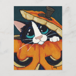 Tuxedo Cat in Pumpkin Halloween Postcard Postkarte