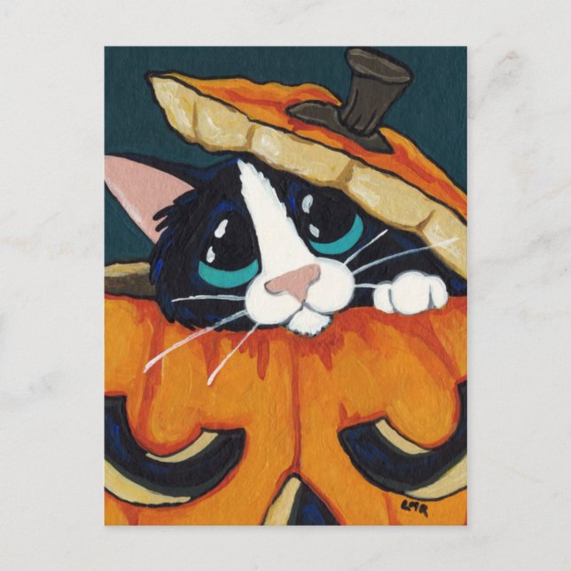 Tuxedo Cat in Pumpkin Halloween Postcard Postkarte (Vorderseite)