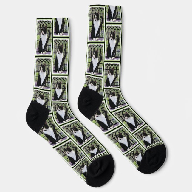 Tuxedo Cat in Window Painting Niedliche Originalku Socken (Rechts)