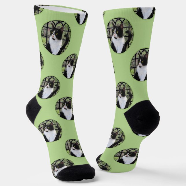 Tuxedo Cat in Window Painting Niedliche Originalku Socken (Gewinkelt)