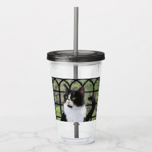 Tuxedo Cat in Window Painting Original Animal Art Acryltrinkbecher