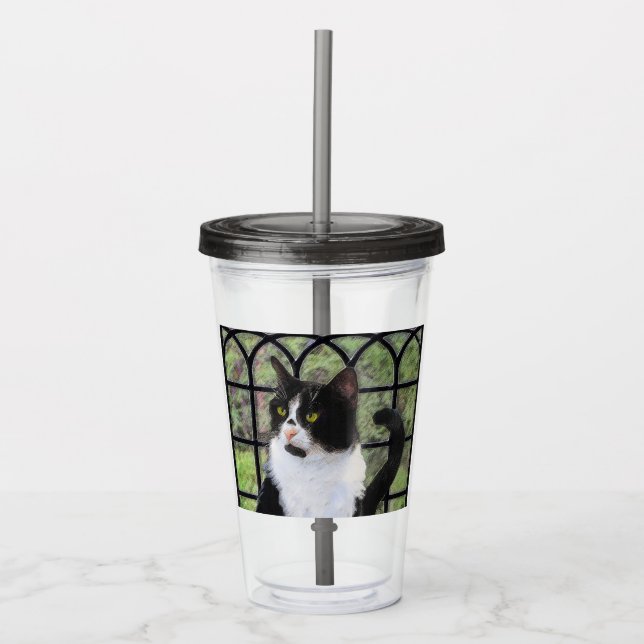 Tuxedo Cat in Window Painting Original Animal Art Acryltrinkbecher (Vorderseite)
