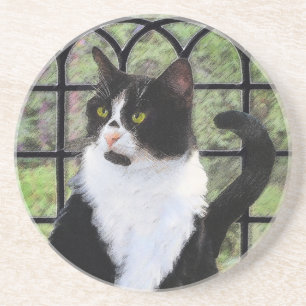 Tuxedo Cat in Window Painting Original Animal Art Getränkeuntersetzer