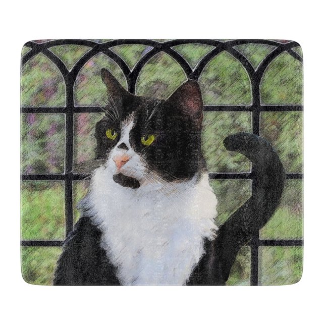 Tuxedo Cat in Window Painting Original Animal Art Schneidebrett (Vorderseite)