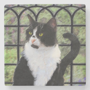 Tuxedo Cat in Window Painting Original Animal Art Steinuntersetzer