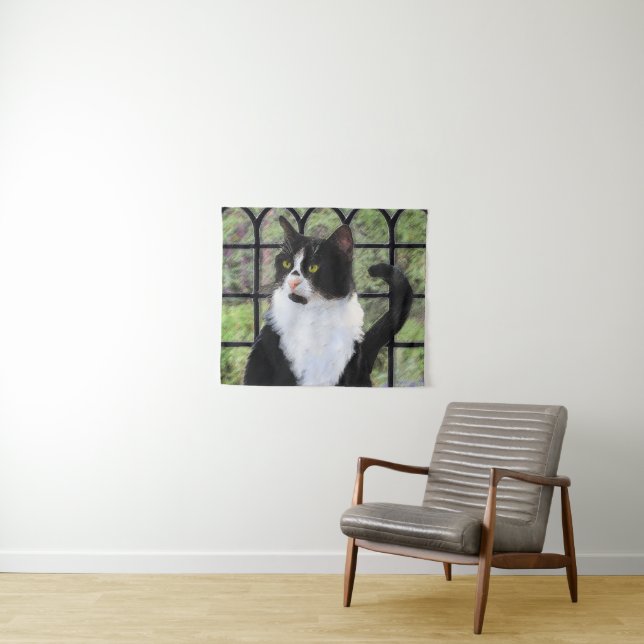 Tuxedo Cat in Window Painting Original Animal Art Wandteppich (Beispiel (Horizontal))