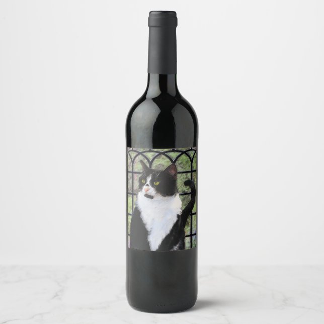 Tuxedo Cat in Window Painting Original Animal Art Weinetikett (Vorderseite)