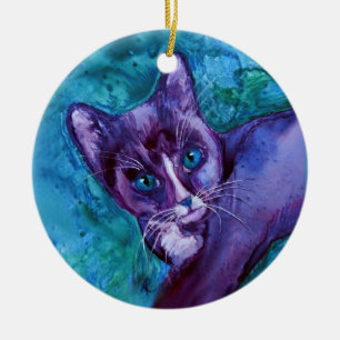 Tuxedo Cat Kitten Ornement - "Purple Tuxedo"