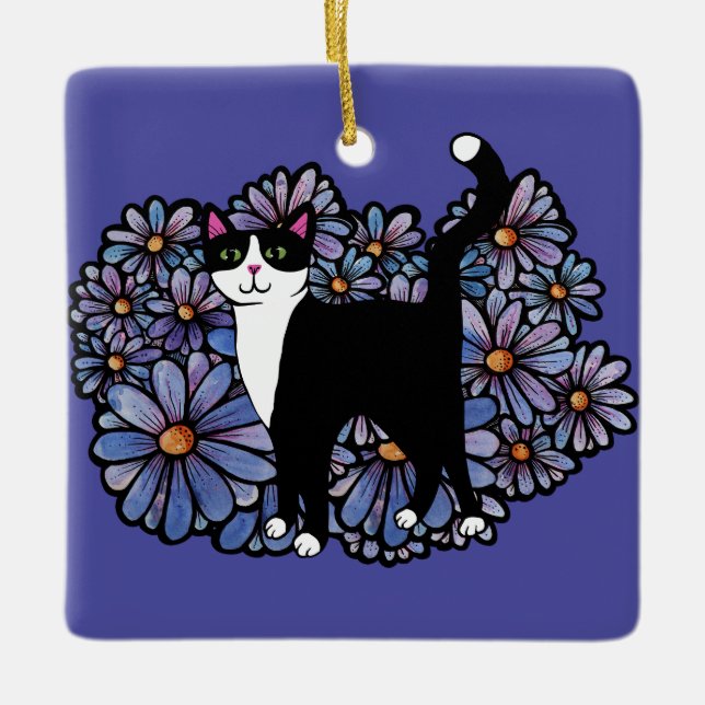 Tuxedo Cat Lila Daisis Art Keramikornament (Vorderseite)