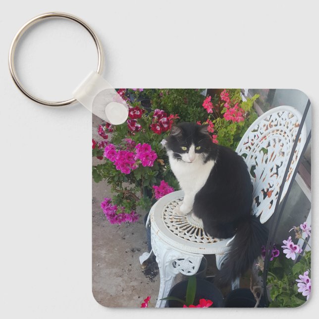 Tuxedo Cat Maroon Dark Pink Cats and Flowers Schlüsselanhänger (Vorderseite)