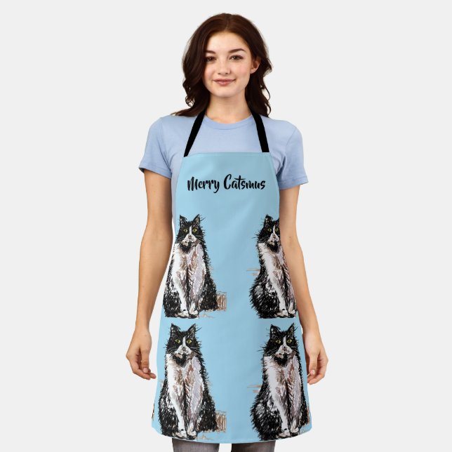 Tuxedo Cat Merry Catsmus Blue Christmas Schürze (Getragen)