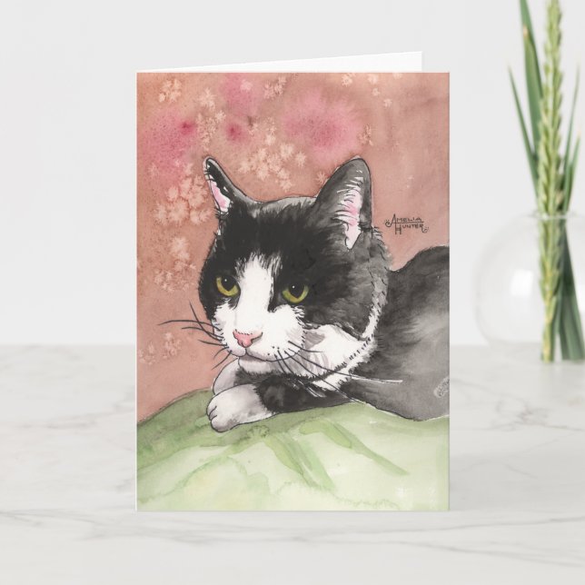Tuxedo Cat Note Card Schwarz-weiß Cat Pink Green Karte (Vorderseite)