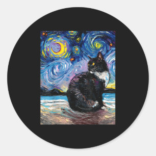 Tuxedo Cat On Beach Starry Night Impressionistisch Runder Aufkleber