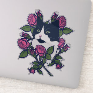 Tuxedo Cat Peony Floral Art Tuxie Katzen Aufkleber