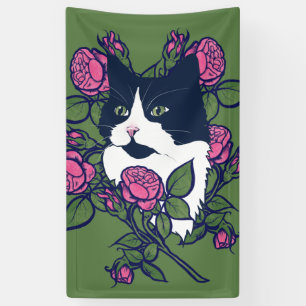 Tuxedo Cat Peony Floral Art Tuxie Katzen Banner