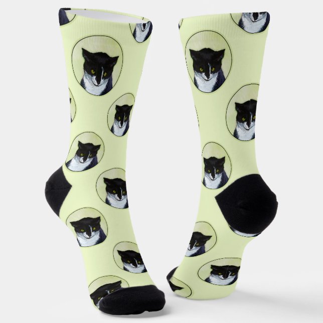 Tuxedo Cat Portrait Malerei Niedliche Kunst Socken (Gewinkelt)