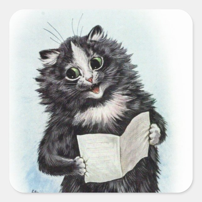 Tuxedo Cat Reading Illustration von Louis Wain Quadratischer Aufkleber (Vorderseite)