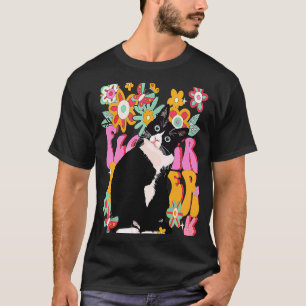 Tuxedo Cat Retro 60er 70er Vibe Blume Peace Sign V T-Shirt