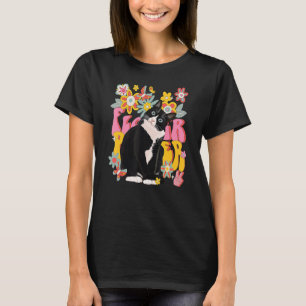 Tuxedo Cat Retro 60er 70er Vibe Blume Peace Sign V T-Shirt