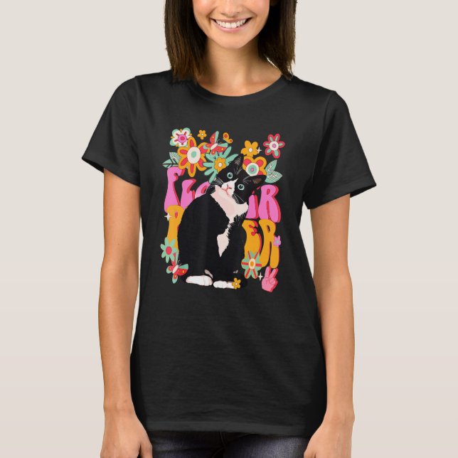 Tuxedo Cat Retro 60er 70er Vibe Blume Peace Sign V T-Shirt (Vorderseite)