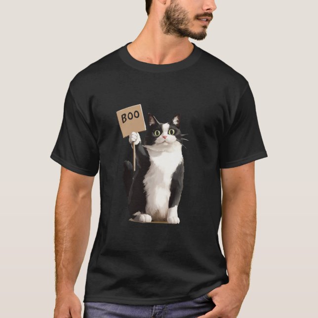 Tuxedo Cat Tshirt Halloween Kostüm Holding Boo Si (Vorderseite)