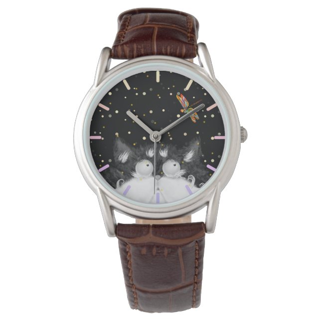 Tuxedo Cat überrascht von Dragonfly Armbanduhr (Vorderseite)