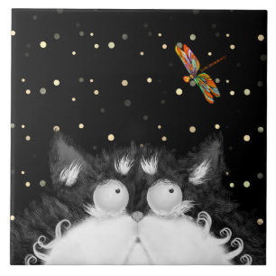 Tuxedo Cat überrascht von Dragonfly Fliese