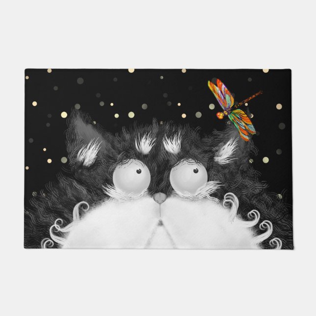 Tuxedo Cat überrascht von Dragonfly Fußmatte (Vorderseite)