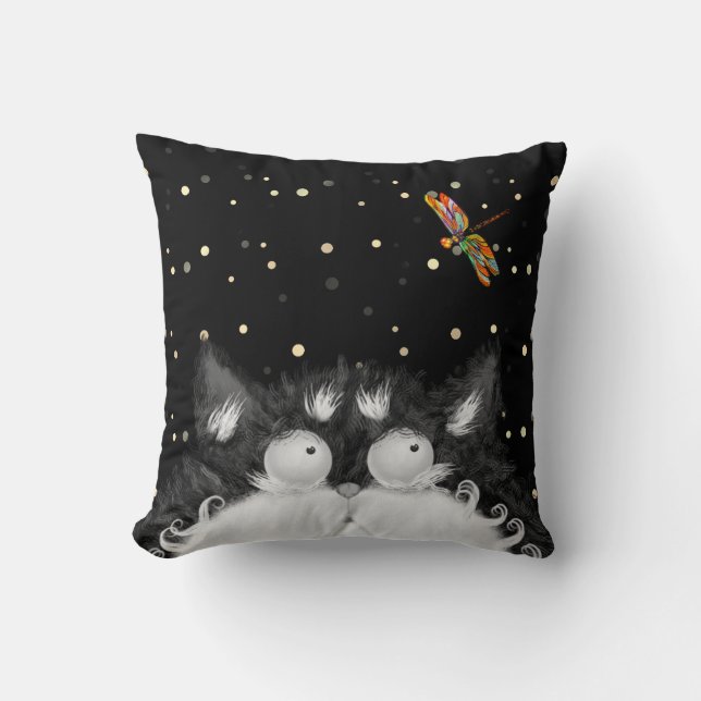 Tuxedo Cat überrascht von Dragonfly-Kissen Kissen (Vorderseite)