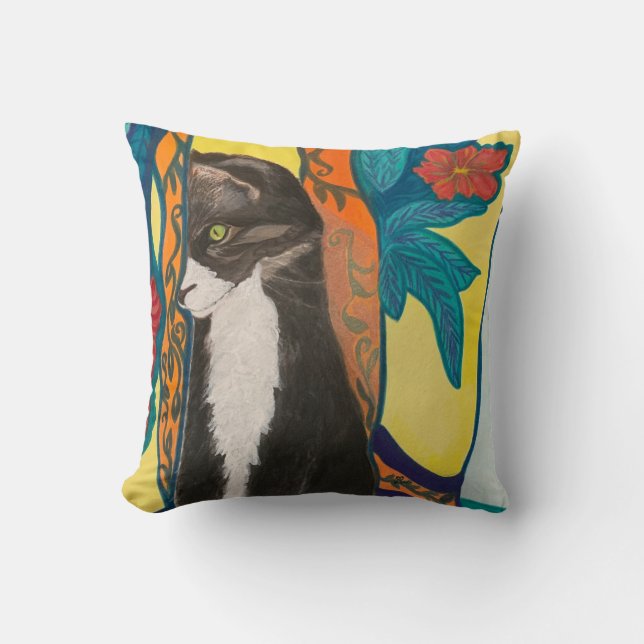 Tuxedo Cat und bestickte Fenstervorhänge Kissen (Vorderseite)