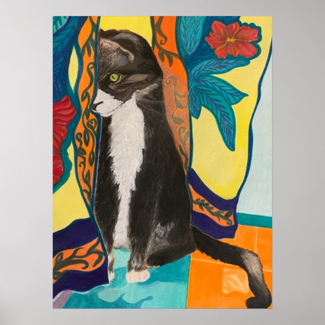 Tuxedo Cat und bestickte Vorhänge Poster (Vorne)