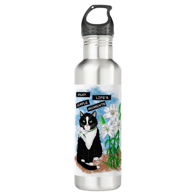 Tuxedo Cat und Lilies | Inspiration Zitat Edelstahlflasche (Vorderseite)