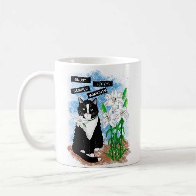 Tuxedo Cat und Lilies | Inspiration Zitat Kaffeetasse (Links)