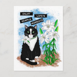 Tuxedo Cat und Lilies | Inspiration Zitat Postkarte