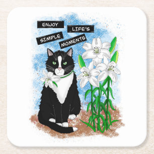 Tuxedo Cat und Lilies   Inspiration Zitat Rechteckiger Pappuntersetzer