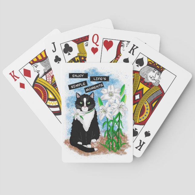 Tuxedo Cat und Lilies | Inspiration Zitat Spielkarten (Rückseite)