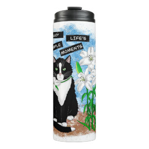 Tuxedo Cat und Lilies   Inspiration Zitat Thermosbecher