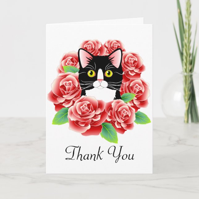 Tuxedo Cat und Rose Niedlich Dankeschön Karte (Vorderseite)