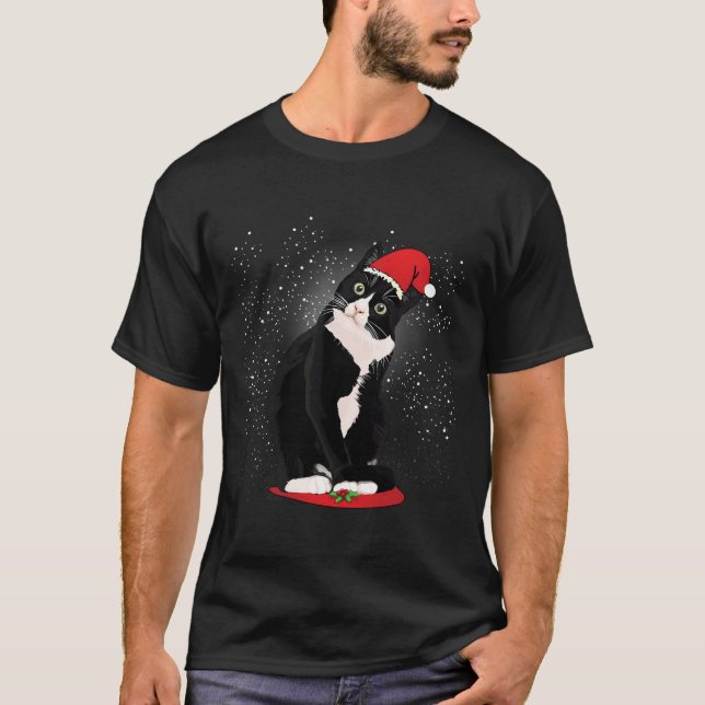 Tuxedo Cat Weihnachtsfeier Weihnachtsmann Schnee W T-Shirt (Vorderseite)