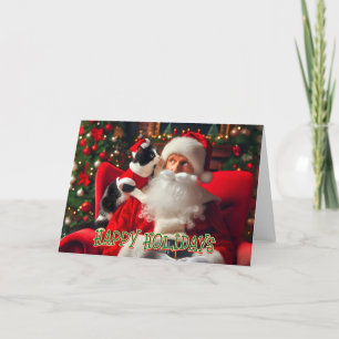 Tuxedo Cat Whispering in Santa's Ohrkarte Feiertagskarte
