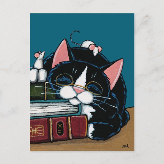 Tuxedo Cat & White Mice Beachtime Story Illustrati Postkarte (Vorderseite)
