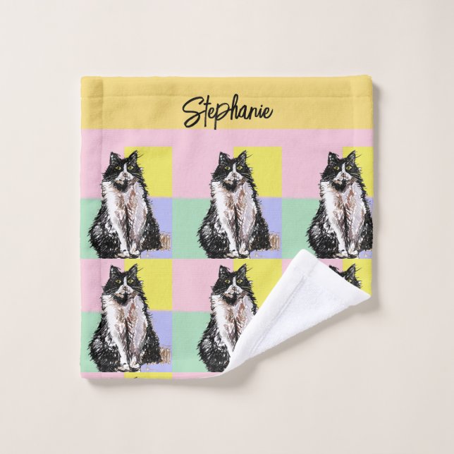 Tuxedo Chat Pastel Couleurs Rose Girls Nom des enf (Gant de toilette)